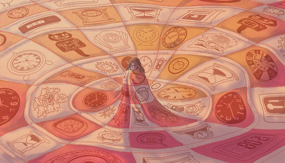 Illustration of person with long hair, wrapping a large quilt with clock motifs around their body.